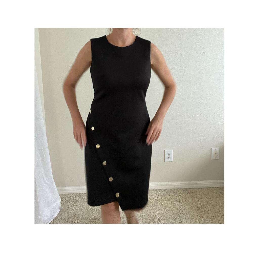 "Not So Little Black Tommy Dress – Asymmetrical Hem & Gold Button Detail"